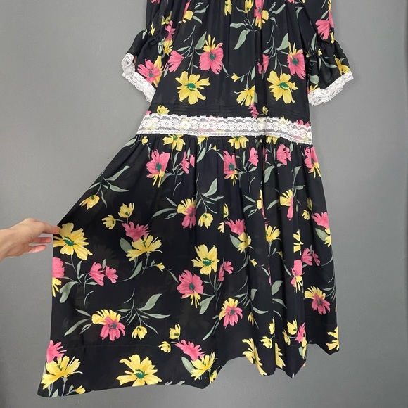 Handmade Muumuu Dress Sheer Black Floral Puffed Sleeve‎ Dropped Waist Lace Midi - Picture 5 of 10